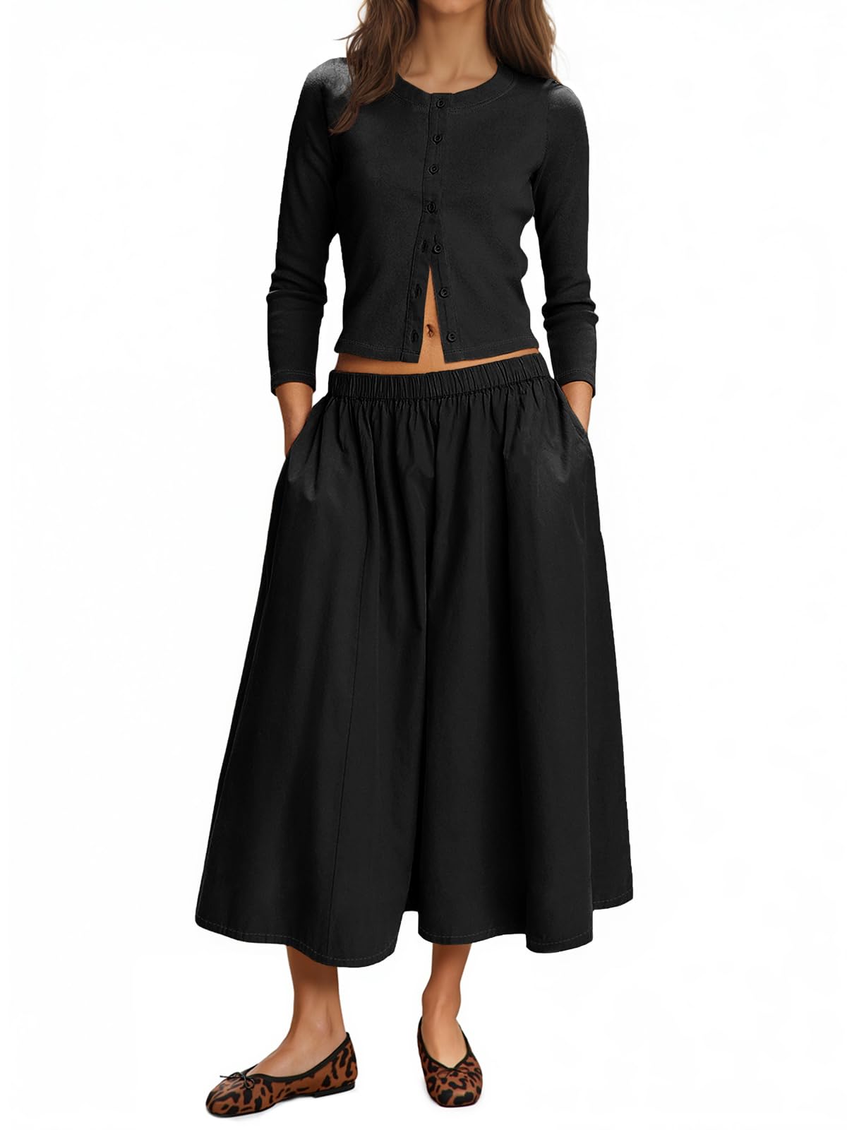 Womens 2 Piece Skirt Sets 3/4 Sleeve Knit Cardigan Elastic Waist Midi Skirt Outfits Casual Matching Dress Set-image-21