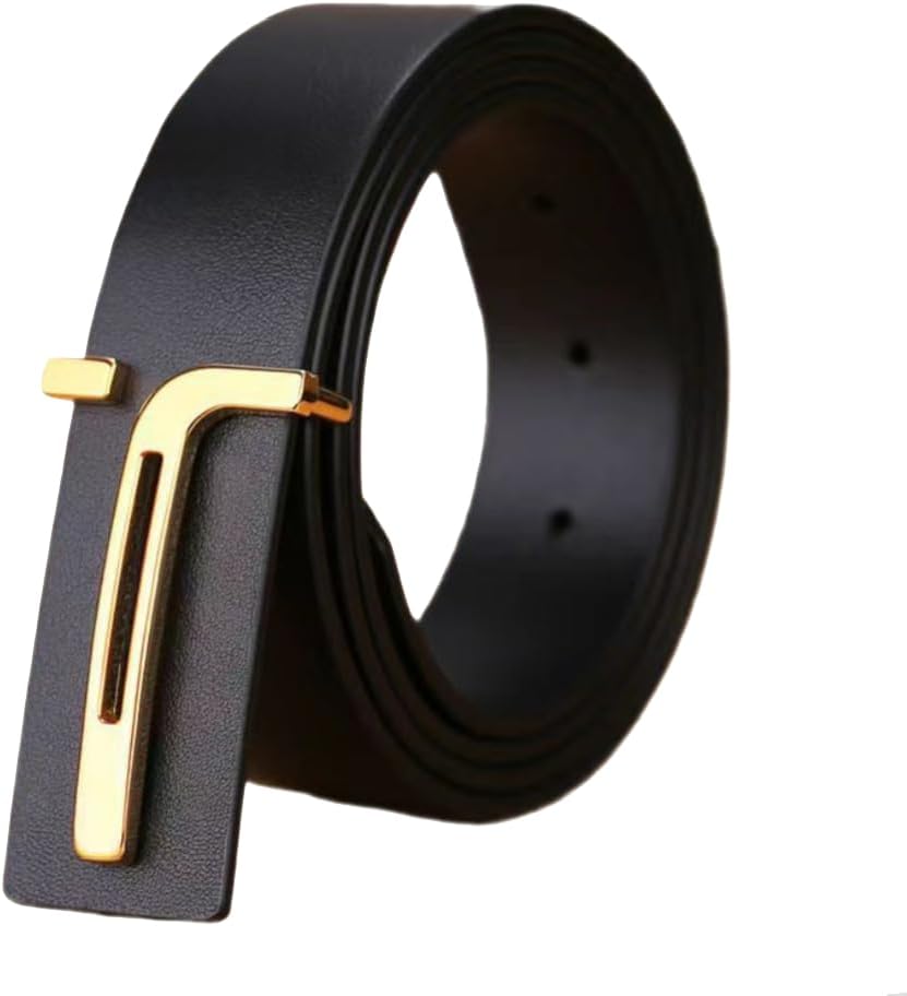 Black Suit Genuine Leather Belt with Gold Buckle – Adjustable for Dress or Casual