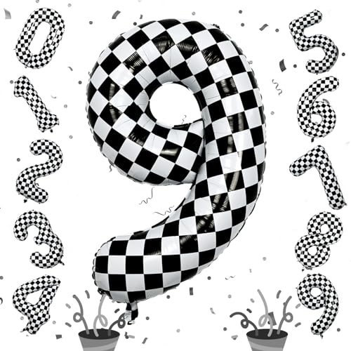 Image of 40 Inch Number 9 Balloons for Boys, Checkered Big 9th Birthday Balloons Decor, Helium Black and White Self Checkered Inflating Foil 9 Racing Balloons for Boys Race Car Flag Party Decoration Supplies