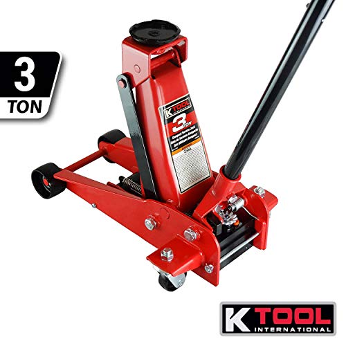 K Tool International 3 Ton Floor Jack Compact Service Jack Wide Lifting Range Jacks Cars and Truck, Swivel Rear Casters, Heavy Duty Steel, Premium Material KTI63131A