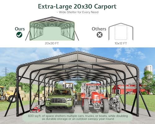 Image of Jocisland 20x30 FT Heavy Duty Metal Carport for Multiple Vehicles, All-Weather Car Canopy with Galvanized Steel Roof & Reinforced Base, Shelter for Full-Sized Pickups, Bass Boats and Tractors