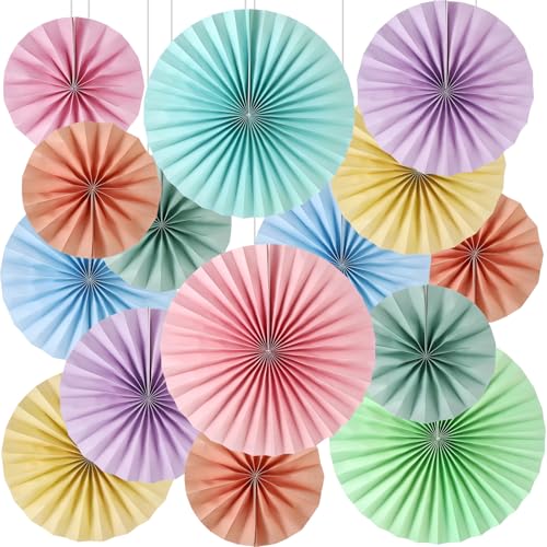 Image of 18 Pcs Pastel Hanging Paper Fans Decor Macaron Birthday Paper Fans Rainbow Ice Cream Garlands Bulletin Board Classroom Decorations for Party Supplies Classroom Decor