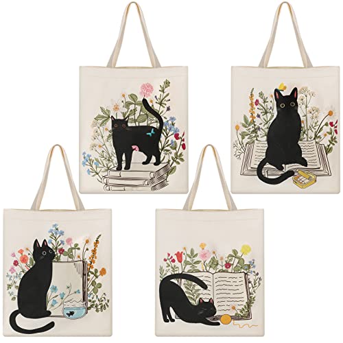 Oudain 4 Pcs Canvas Tote Bag for Women Floral Black Cat Canvas Tote Aesthetic Reusable Grocery Bags Cute Gifts for Cat Lover(Cat)