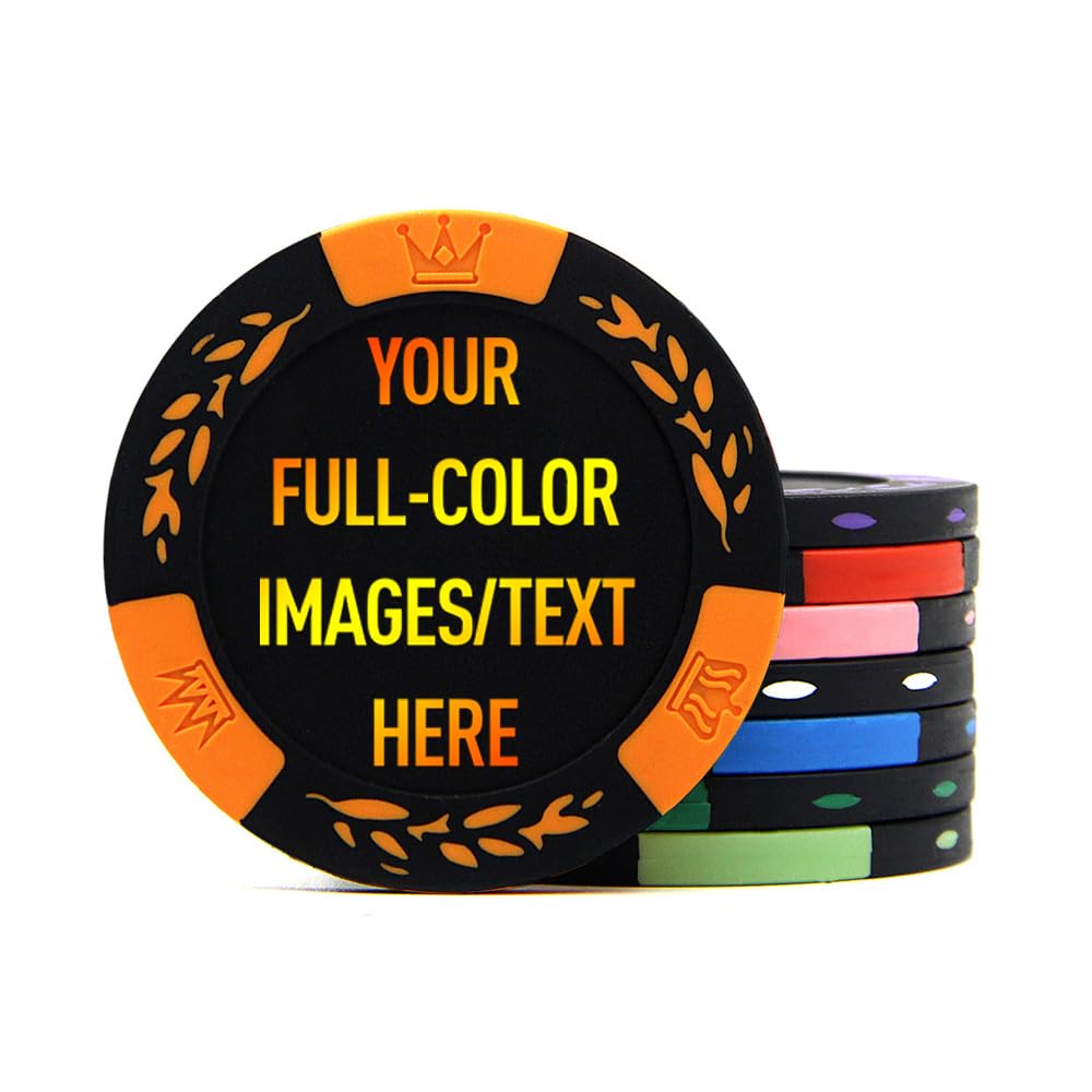 100 Premium Clay Poker Chips, Customized Your Image and Text, 11.5 Grams Casino Chips for Texas Hold’em, Blackjack Gambling (Orange)