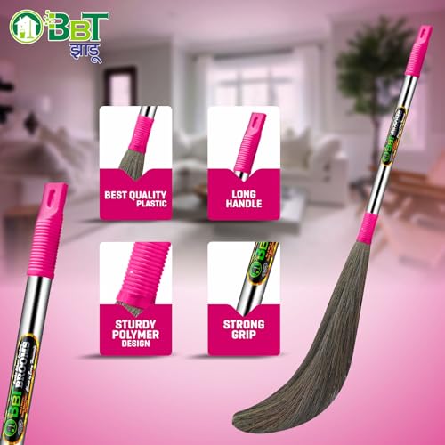 Image of BBT Phool Jhadu | Natural Grass Broom Stick for Home Cleaning | Eco-Friendly Long Handle Jhadu | Anti Dust, Lightweight & Durable Pack of- (1, NO-1)