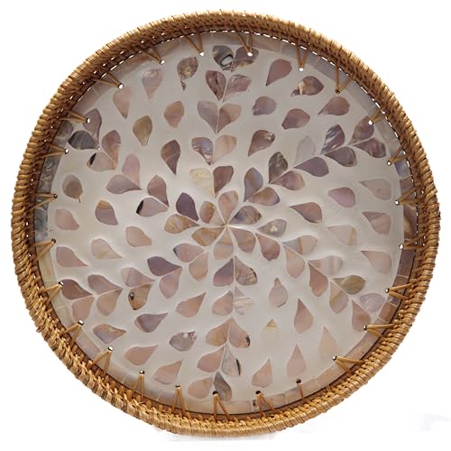 Round Rattan Tray with Mother of Pearl Inlay, Rattan Serving Tray with Wooden Base, Decorative Wicker Basket for Table Decor, Storage and Display of Bread Food Fruit (Rose Gold)