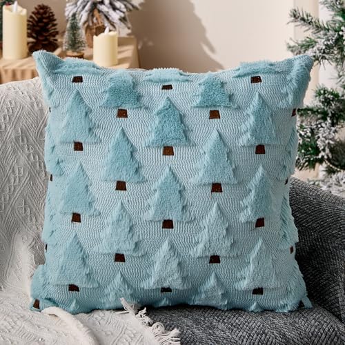 Image of Allorry Christmas Pillow Covers 16x16 inch Set of 2 Blue Christmas Decorations Soft Plush Faux Fur Wool Christmas Tree Throw Pillow Cases Winter Holiday Decor for Sofa Living Room PT002F16