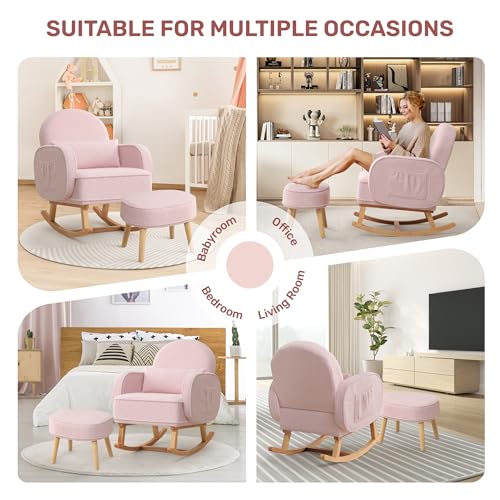 Image of HCHAIRH Rocking Chair Nursery with Ottoman, Upholstered Glider Rocker with High Backrest and Side Pocket, Rocking Accent Armchair with Solid Wood Legs for Nursery /Living Room /Bedroom Pink