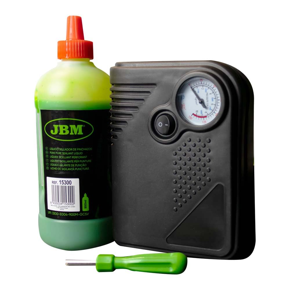 JBM 54013 Kit Sellador de Pinchazos, Líquido y Compresor de Aire, Caja de 20