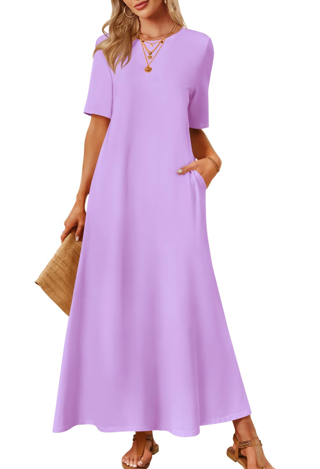 MEROKEETY Summer Spring Maxi Dresses for Women 2026 Beach Vacation Casual Short Sleeve Long T Shirt Dress with Pockets