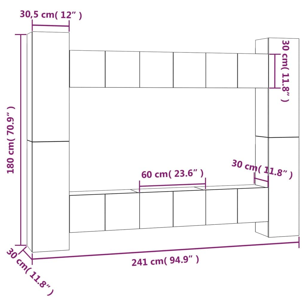 Sonoma - Set di mobili per TV, 10 pezzi, 60 x 30 x 30 cm e 30,5 x 30 x 90 cm, moderna credenza bassa, con spazio di archiviazione, montaggio a parete, per soggiorno, camera da letto