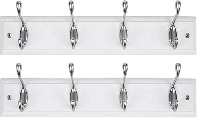DOKEHOM [2 Pack 4-Satin Nickel Hooks on White Wooden Board Wall Mounted Coat Hook Rack Hanger