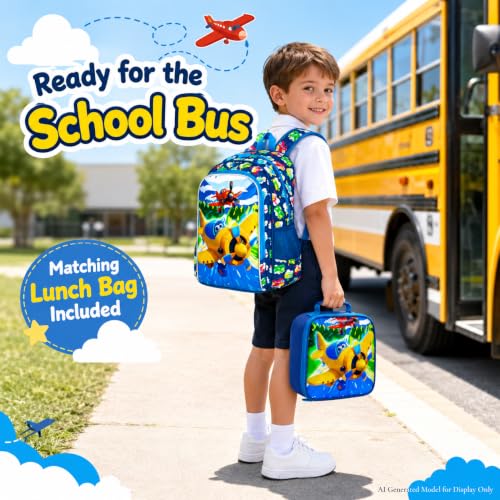 Image of HPJGD 3PCS Boys Airplane Backpack, Water Resistant Kids Backpack Set with Lunch Box, Cute School Bag for Preschool Toddler