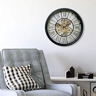 K&L Wall Art Alenio Große Vintage Metall Glas Wanduhr in XXL mit bewegenden Zahnrädern Römische Ziffern Zahnrad Wanduhr Wohnzimmer Wand Uhr Deko Schwarz Gold Ø46 cm Gross