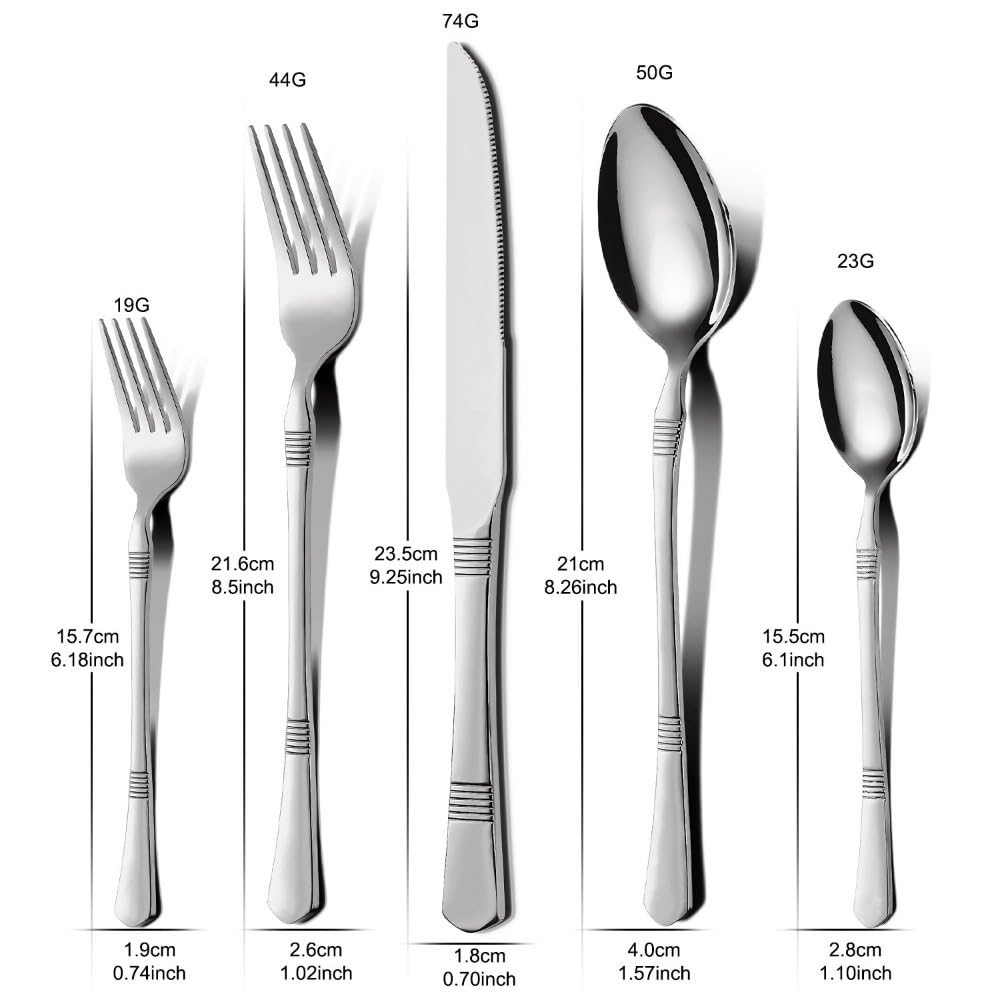 (20 Pezzi) Manico A Righe Orizzontale Da Cucina in Acciaio Inox Argenteria Stoviglie Posate Set Bistecca Coltello Forchetta Cucchiaio Cucchiaino (Argento)