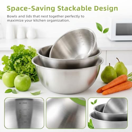 3Pcs Stainless Steel Mixing Bowls Set (0.7Litre,1.2Litre,2Litre), Easy-Grip,Stackable, Stainless Steel Mixing Bowls for Baking, Cooking, Salad & Food Prep - Image 6