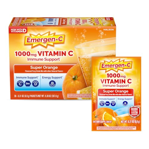 Emergen-C 1000mg Vitamin C Powder for Daily Immune Support Caffeine Free Vitamin C Supplements with Zinc and Manganese B Vitamins and Electrolytes Super Orange Flavor - 30 Count