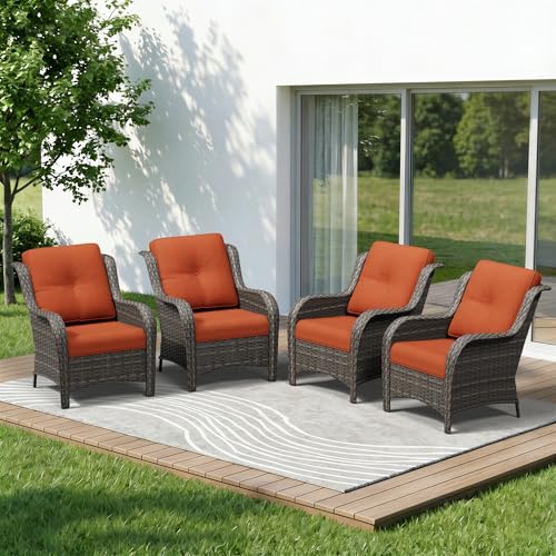 Image of 4 Piece Outdoor Wicker Patio Furniture Set, Patio Chairs Set of 4 with Thickened Olefin Cushions, High Back and Deep Seating, Hand-Woven PE Rattan for Porch, Deck, Orange