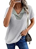 RICSHTORY Womens Spring Fashion 2026 Button V Neck Summer Sweaters Pullover Tops Casual Short Sleeve Work Office Shirts Dressy Casual Tunic Blouses Light Grey Large