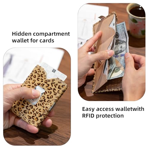 Image of LLH Leather Trifold Wallet - RFID Blocking with Stainless Steel Locking Clip Wallet, Minimalist Front Pocket RFID Blocking Credit Card Holder (Leopard)