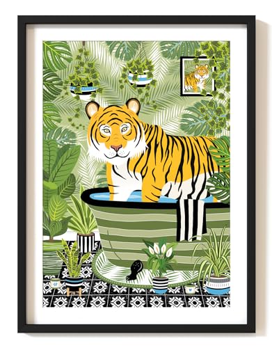 Parmaro Tiger Bath Print - A4 UNFRAMED, Animal Toilet Decor, Green Black, Tropical Bathroom Theme, 29.7L x 21W cm