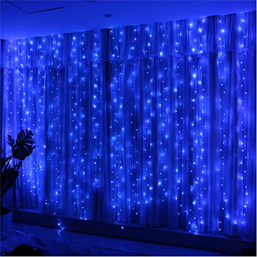 HXWEIYE Guirlande lumineuse 300 LED bleues 3 m x 3 m alimentée par USB 8 modes avec minuterie à distance Luminosité réglable pour chambre à coucher, intérieur, extérieur, mariage, fête, décorations Cover