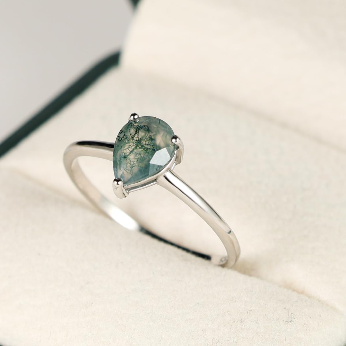 Natural Moss Agate Ring 925 Sterling Silver Teardrop Engagement Promise Ring for Women Jewelry Gifts (9, Silver) - Image 2