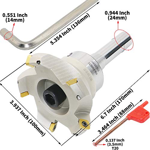 Image of 4 Inch Face Milling Cutter Holder KM12 100MM CNC end Milling Cutter + R8-FMB32 Shank Face Shell Mill Arbor + 5pcs SEHT1204 Carbide Inserts + 8mm Hexagon Wrench + T20 Wrench CNC Machine Tools