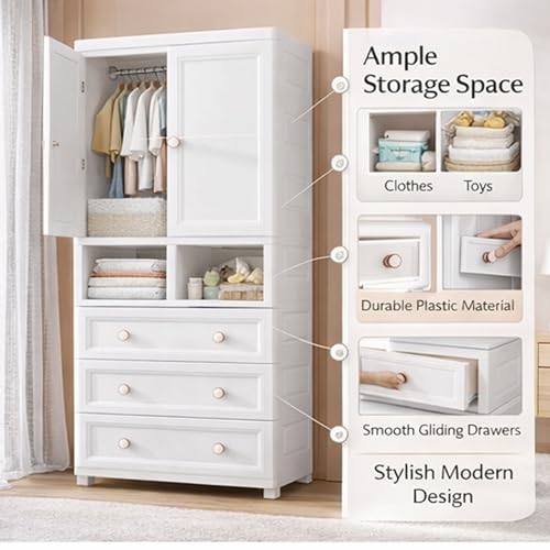 Image of AYSIS Kids Plastic Collapsible Wardrobe Organizer for Storage with Drawers | Cute Cartoon Design | Heavy Duty Cloth Organizer for Storage | Easy to Assemble | Perfect for Kids Room & Home | European