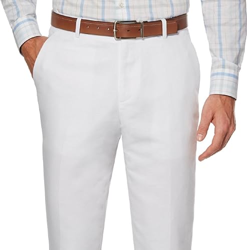 Miniatura 3 de Perry Ellis Pantalones de vestir de mezcla de lino para hombre, parte delantera plana, sarga duradera, ajuste regular, transpirables y ligeros