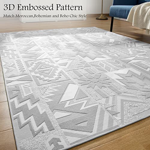 Area Rug 5X7 Feet-Southwestern Moroccan Aztec Tribal Rug Carpet-Boho Rugs For Living Room Bedroom-Machine Washable Non Slip 3D Woven-Neutral Grey #TOP2