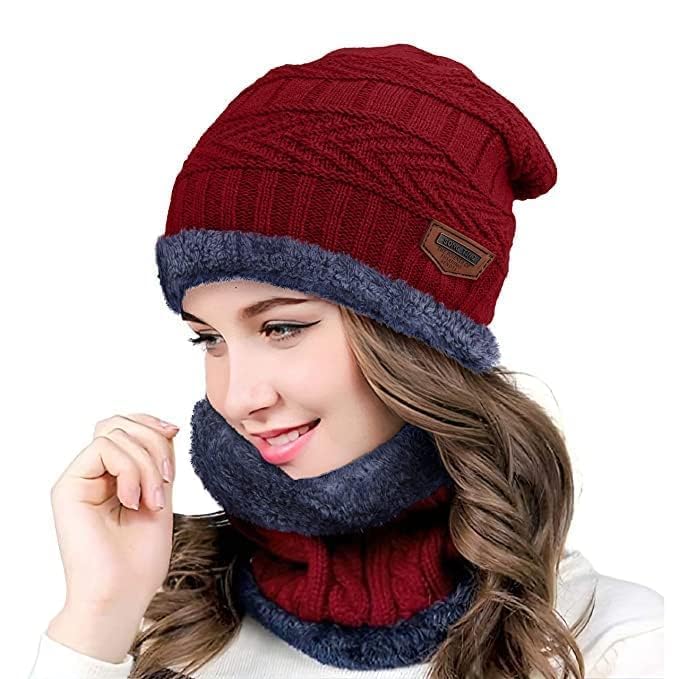 missby Woolen Winter Cap for Women with Neck Muffler Warn Soft for Snow | Knit Beanie Cap Hat Neck Warmer Scarf Set for Women (2 Piece Set)-picture-4