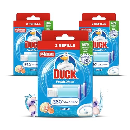 Duck Fresh Discs Toilet Cleaner Refill Twin Pack Fights Stains That Harbour Germs Prevents Limescale Build Up Marine Fragrance Pack of 3 (Total of 6 Refill Tubes)
