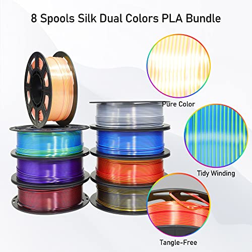 Image of BBLIFE 8 Spools Dual Color Silk PLA 3D Printer Filament Bundle, Silk Purple Gold White Red /Black, Purple /Blue, Red /Gold, Green /Blue, Yellow /Pink, 1.75mm Bicolor Silk PLA 250gX8