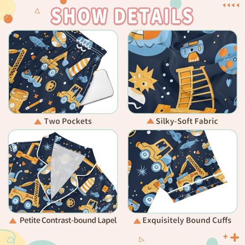 senya Cartoon Excavator A Satin Summer Pajama Sets Silk Short Sleeve Button Down Sleepwear3