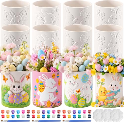 Zubebe 12 Pcs Easter Paint Your Own Bunny Ceramic Pots Bulk Unfinished Succulent Pots Painting Kits with Drainage Hole Mini Paintable Vase Ready to Paint Easter Gifts Basket Stuffers for DIY Craft