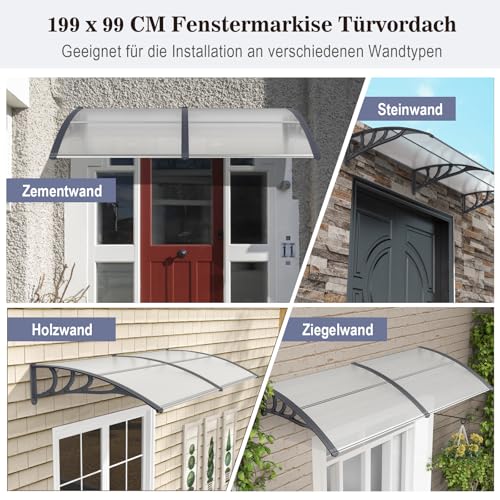 COSTWAY Vordach für Haustür 199 x 99 cm, Überdachung aus Aluminium und Polycarbonat, Transparentes Pultbogenvordach, Haustürvordach, Pultvordach, Haustürdach, Türvordach für Eingangsbereich (Silber)