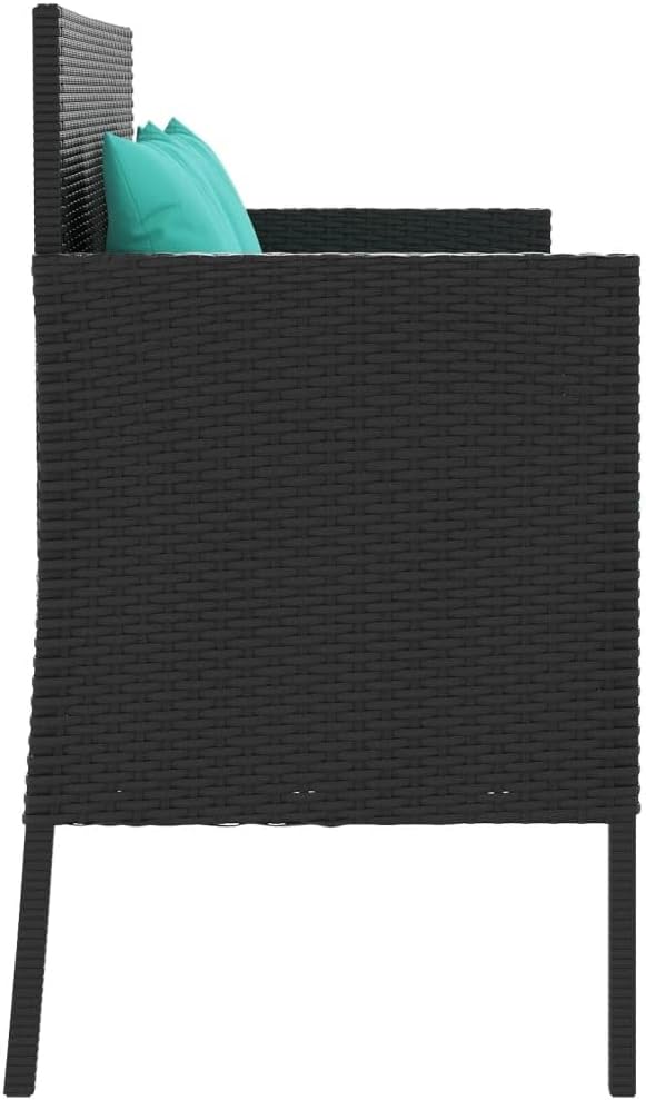 Patio Loveseat Wicker 2-Seat Bench with Blue Cushions, 2-Person Wicker Garden Patio Benches Seating Furniture with Storage Space, Rattan Porch Chairs Bench, Black Poly Rattan