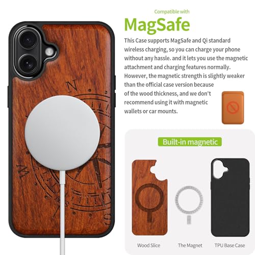 Image of Carveit Wood Case for iPhone 16 Plus, The Incomplete Compass, Rosy | Magnetic iPhone 16 Plus Case Compatible with MagSafe Wireless Chargers, Engraved Wood with Soft TPU Shockproof Bumper