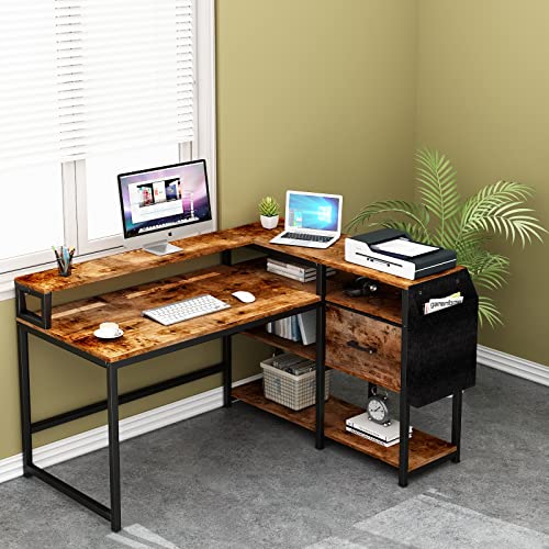 Loomie Reversible L Shaped Computer Desk With Drawer, 55" W X 41" D Industrial Corner Computer Desk With 4 Tier Storage Shelves & Monitor Stand And Storage Bag, Study Table For Home Office, Rustic #TOP7
