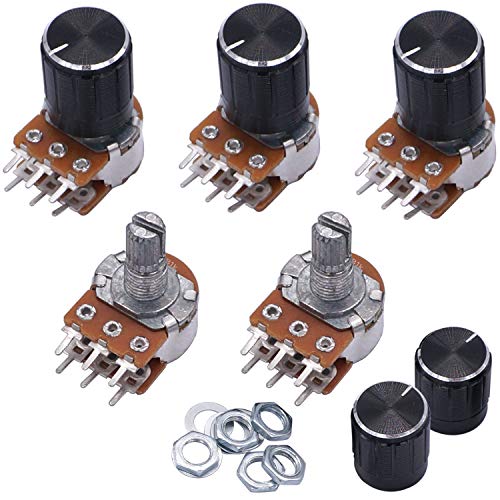 Taiss 5Pcs Potentiometers 1K Ohm,Volume Control Potentiometer,6 Pins Split Shaft Rotary Linear Dual Taper Audio B Type Potentiometer With 5Pcs Knob #TOP23