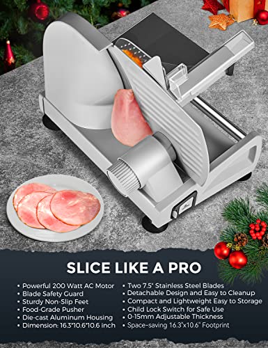 Midone Meat Slicer 200W Electric Deli Food Slicer With Two Removable 7.5’’ Stainless Steel Blade, Adjustable Thickness For Home Use, Child Lock Protection, Silver #TOP7