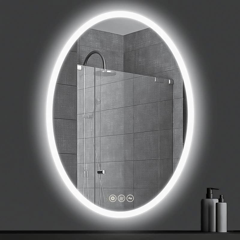 AI-LIGHTING Oval Bathroom Mirror LED Lighted Wall Mount Vanity Mirror with Dimmer Switch Backlit Bathroom Mirrors with LED Lights 50x70 cm Frameless Anti-Fog 3 Color tones