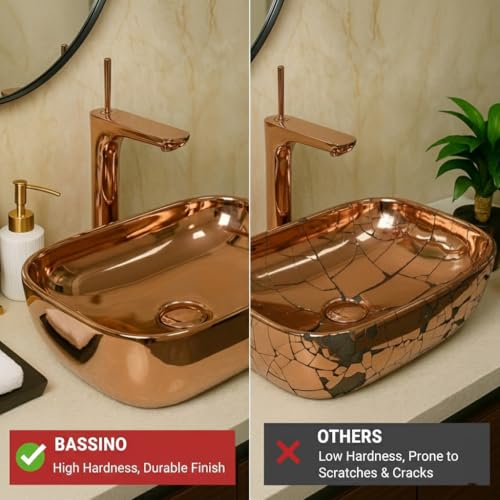 Image of BASSINO 18x13x5.5 Inches Table Top Washbasin /1 Year Warranty /Ceramic Wash Basin for Bathroom /Rectangular Counter Top Wash Basin for Restaurant /Dining Hall /Living Room /Countertop Sink(Glossy Rose Gold)