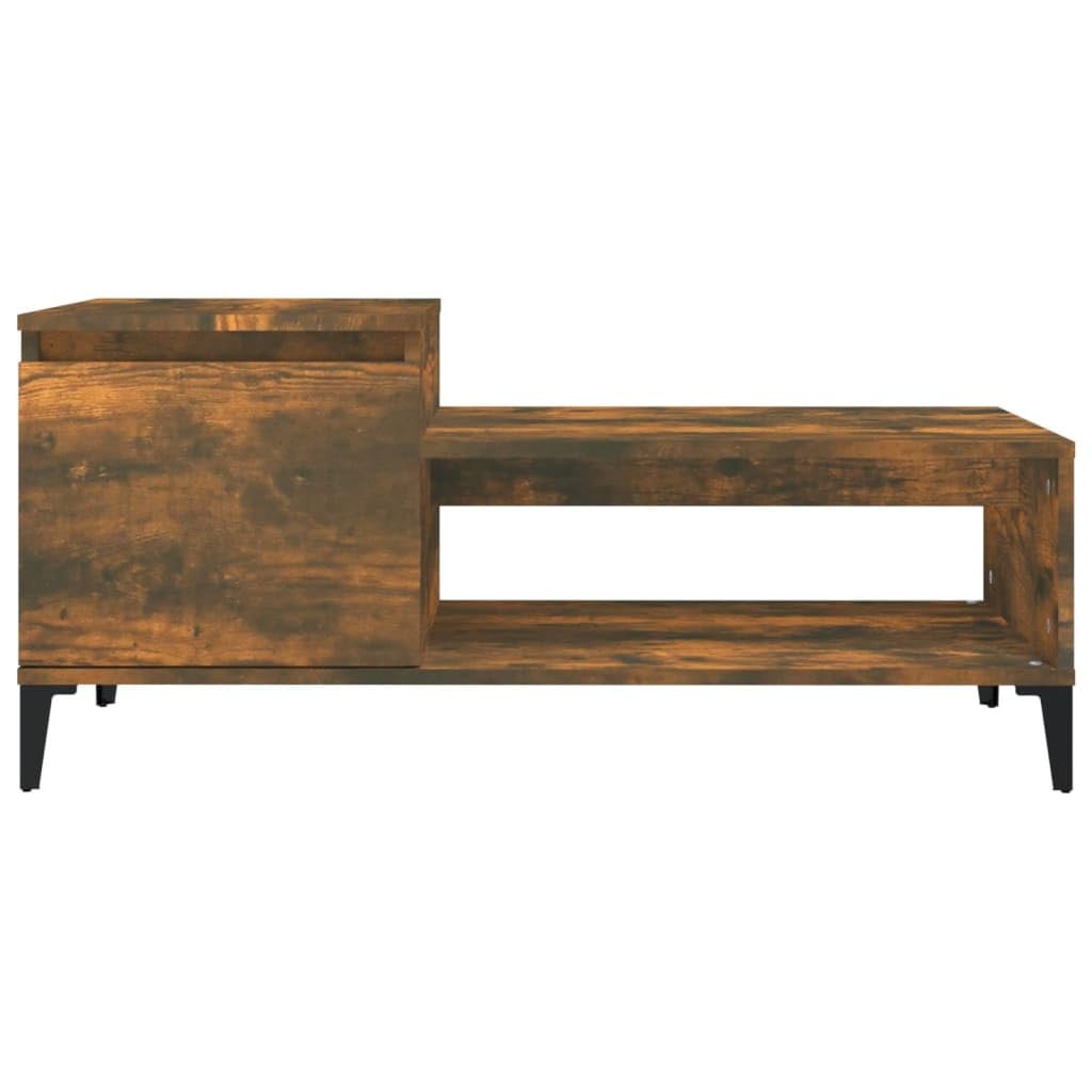 Mesa de centro de roble ahumado, 100 x 50 x 45 cm, de madera y metal, diseño moderno con espacio de almacenamiento y estante, pequeña mesa auxiliar para salón, sofá, mesa lateral