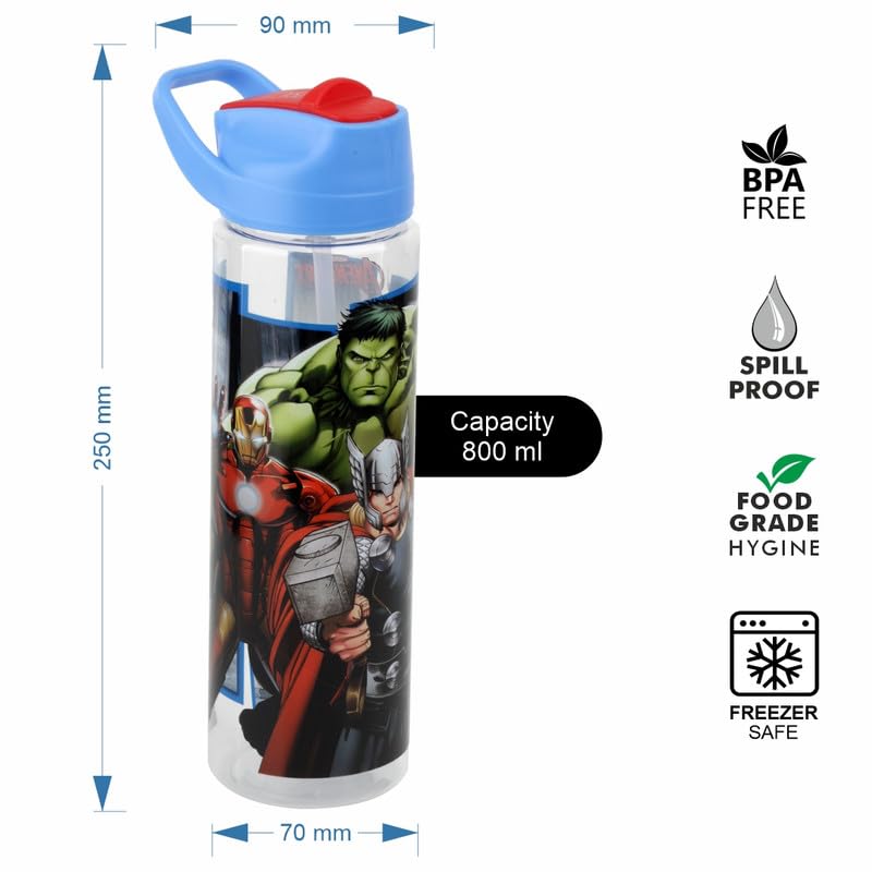 Image of SKI GLIDE Sipper Water Bottle 800 ML, for School, Sports, Trek, Travel | Teens and Kids of all age groups | 800 ML, Leakproof, Light Weight, Pop-up Sipper with Handle| Character Merchandise | Avengers