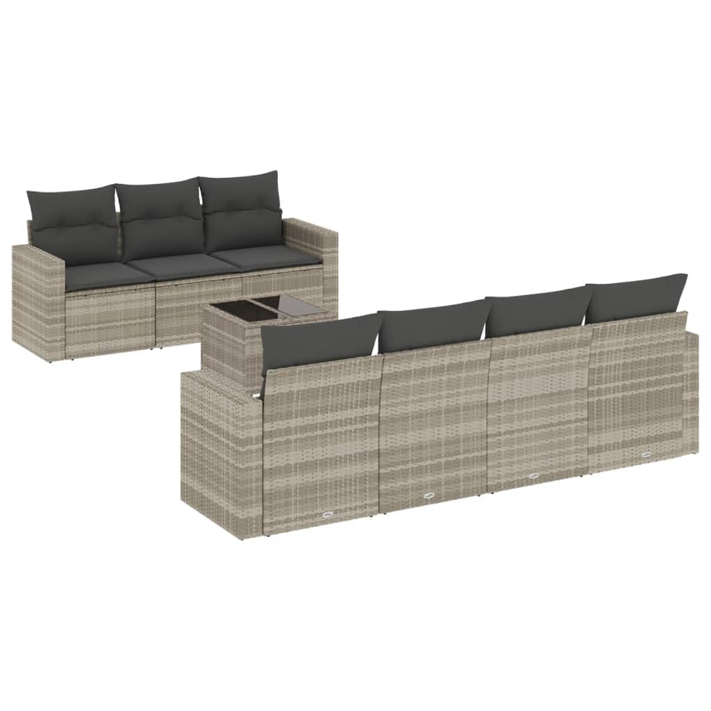 Set Divano da Giardino 8pz Polyrattan Grigio Chiaro Tavolo | Salotto modulare da esterno per giardino e terrazzo con vano contenitore sotto seduta e tavolino in vetro temperato.