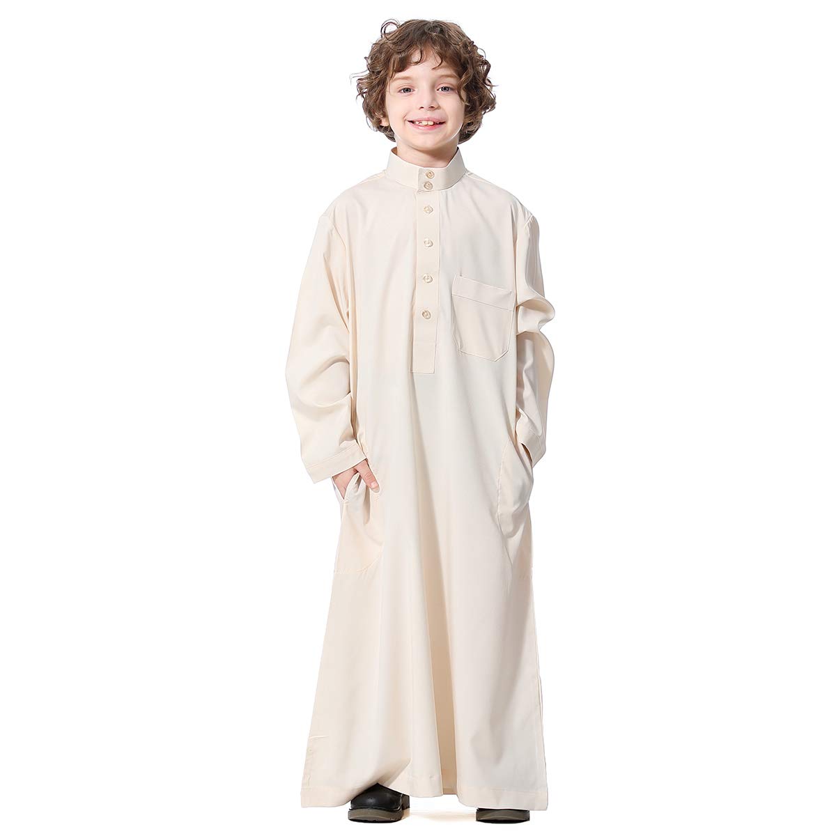 Qianliniuinc Abito islamico da ragazzo, collo rotondo, a maniche lunghe, con ricamo e tasche