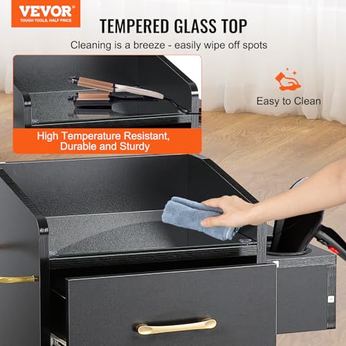 VEVOR Beauty Salon Storage Trolley Cart, Glass Top Hair Salon Station Cabinet for Stylist with Drawer & Dryer Holder, MDF Rolling Hairdressing Salon Cart on 4 Wheels (2 Lockable) for Barber Beauty SPA - Image 3