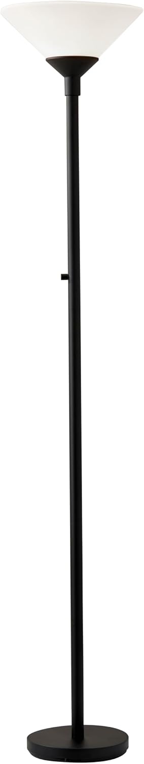Adesso Black Torchiere Floor Lamp with Frosted White Shade - 300W Double Socket Construction, Modern Accent Lighting for Bedroom, Living Room, or Home Office, 73” Tall